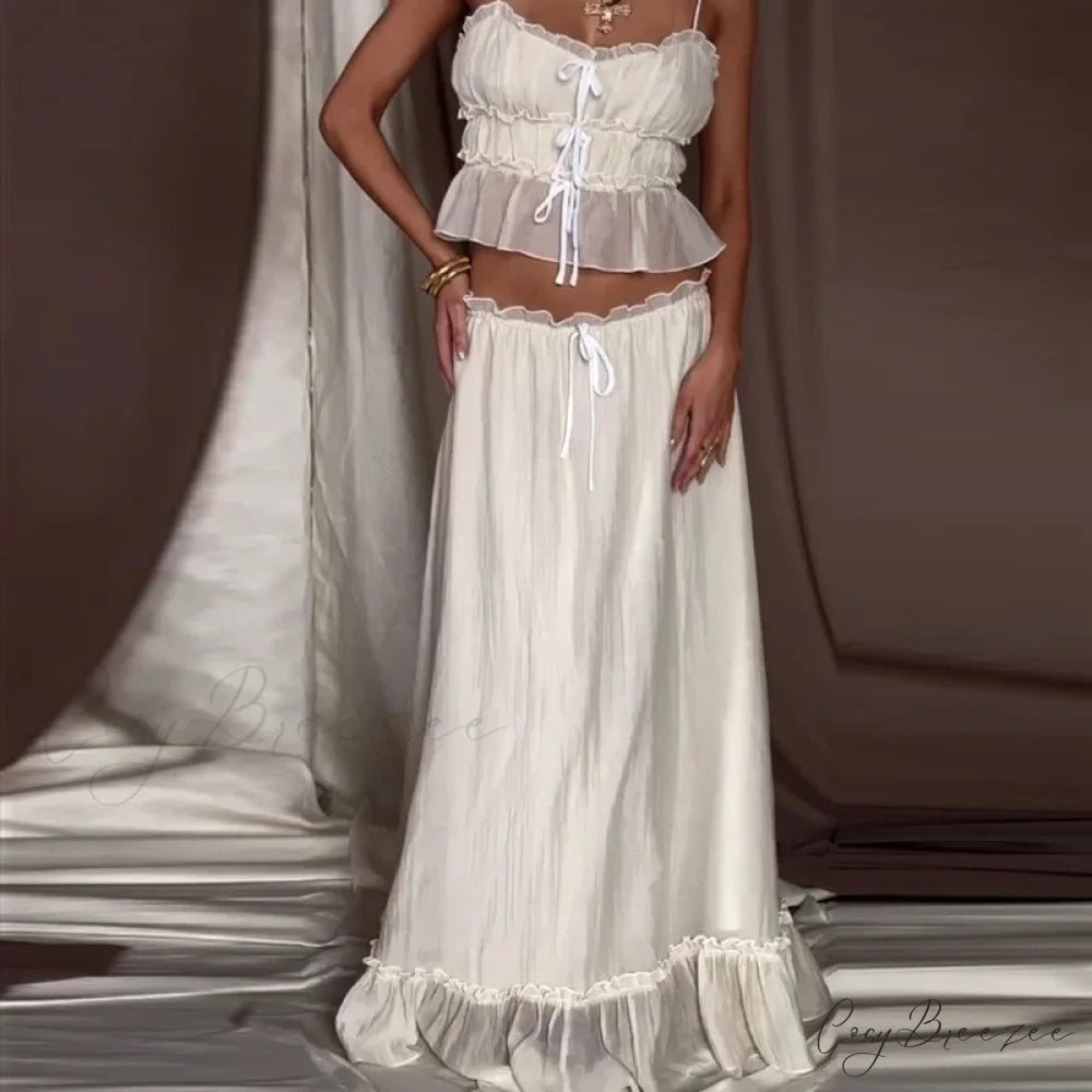 Ruffles Tie-Up Front Camis Crop Top Maxi Skirt Two Pieces Set twopiecesset-250126