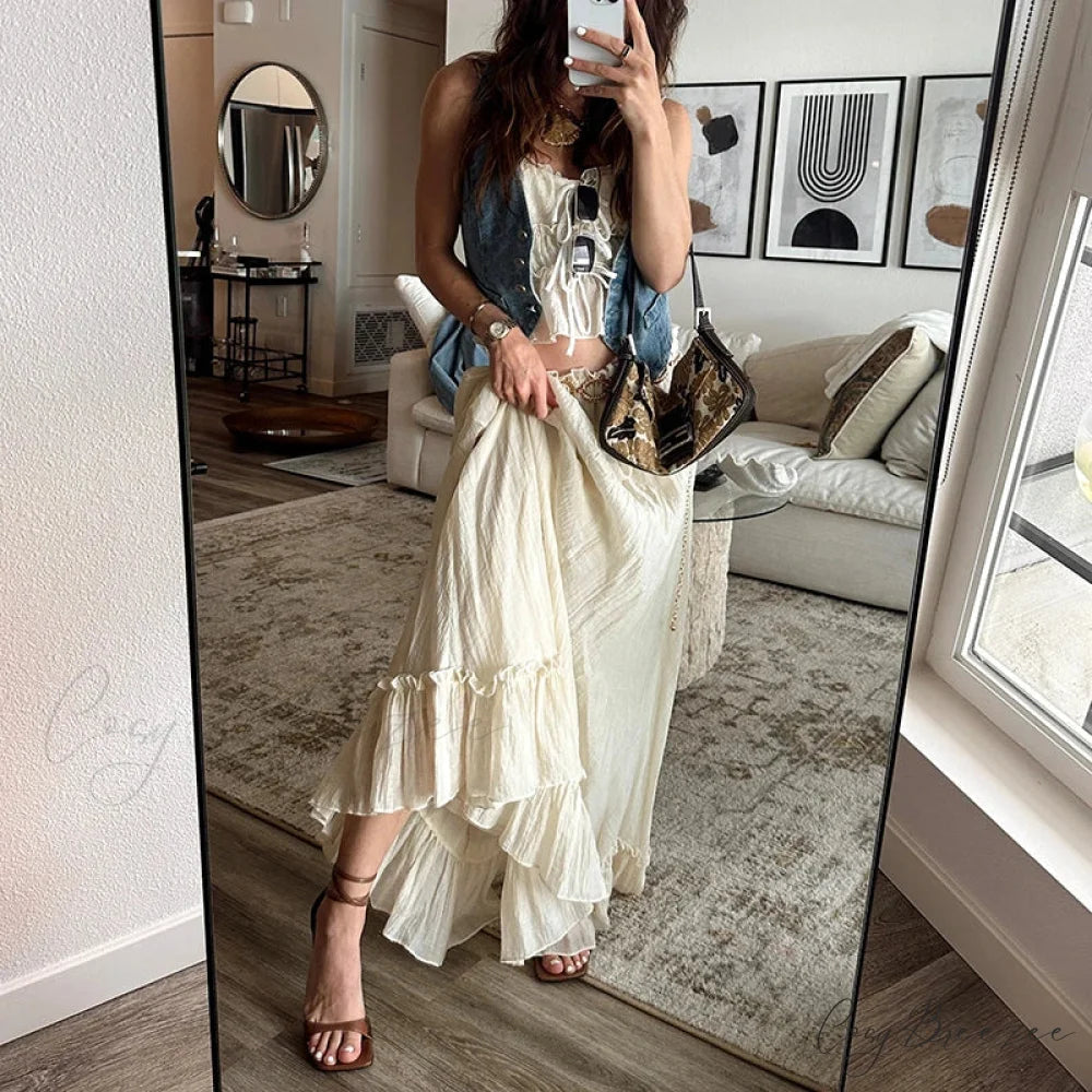 Ruffles Tie-Up Front Camis Crop Top Maxi Skirt Two Pieces Set twopiecesset-250126