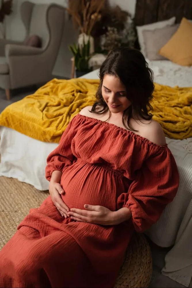 Rust Slash Neck Bohemian Pregnancy Boho Dress