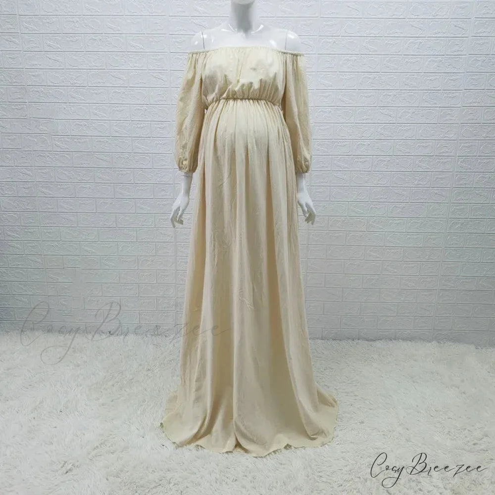 Rust Slash Neck Bohemian Pregnancy Boho Dress Beige / M