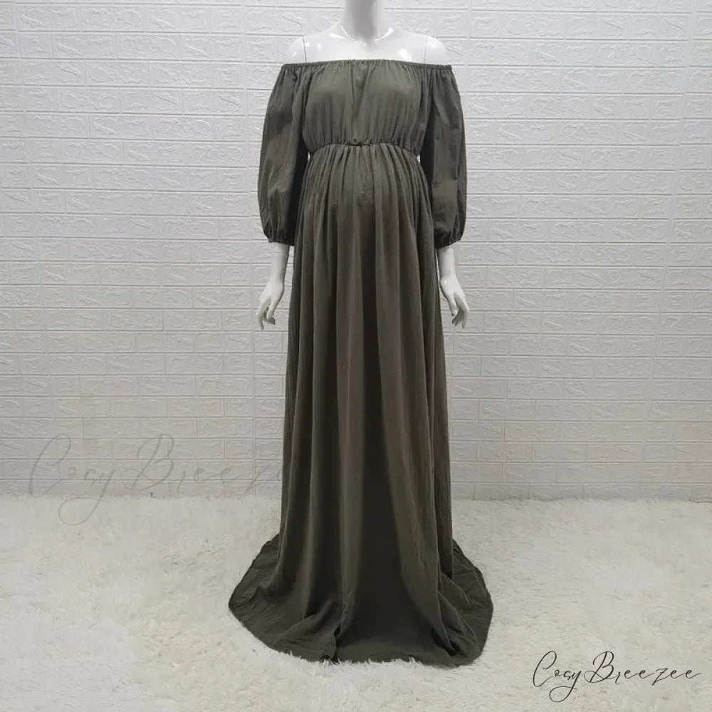 Rust Slash Neck Bohemian Pregnancy Boho Dress Olive / M