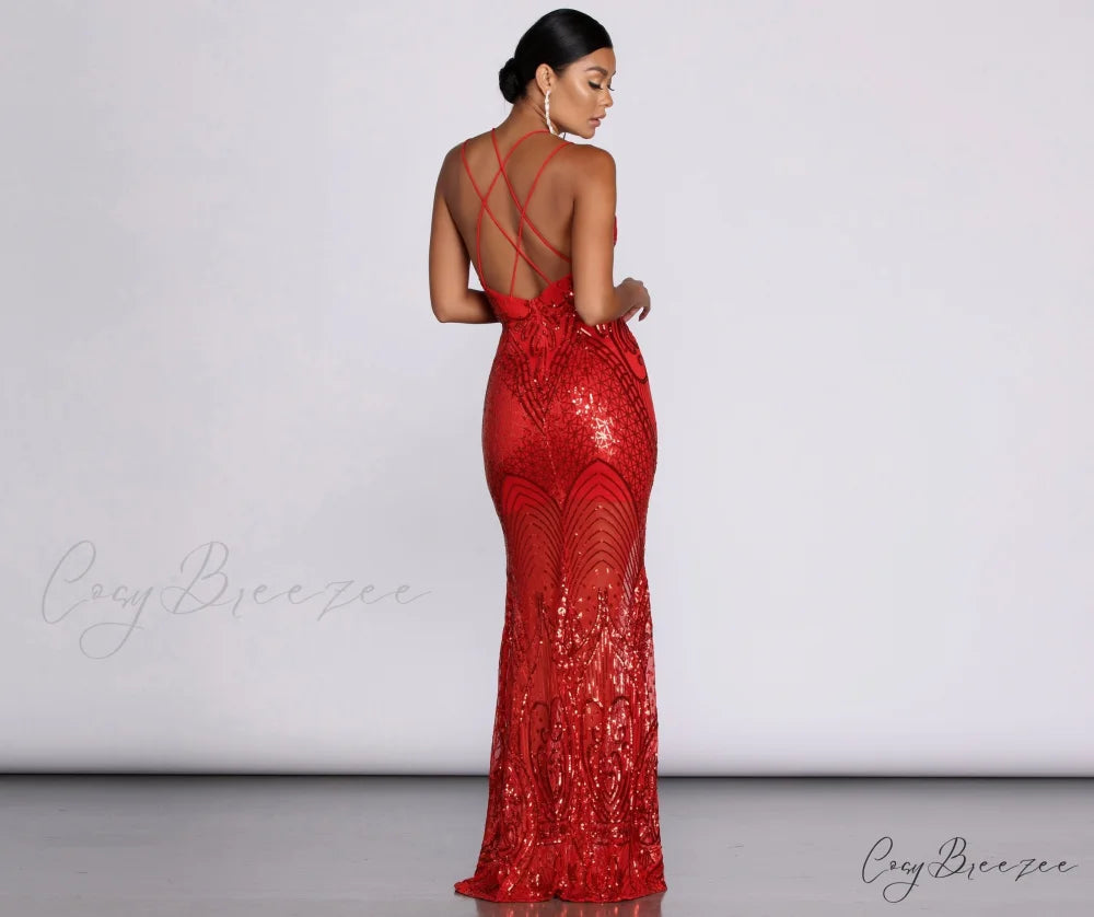 Salma Formal Sequin Charming Scroll Print Dress