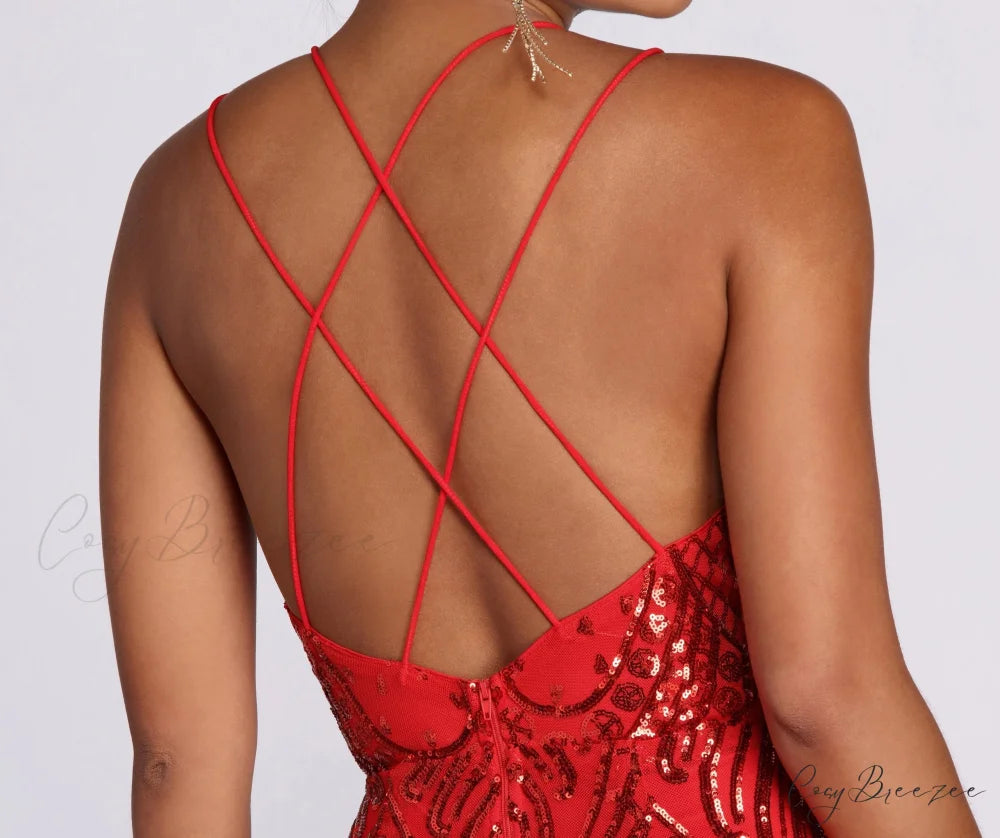 Salma Formal Sequin Charming Scroll Print Dress