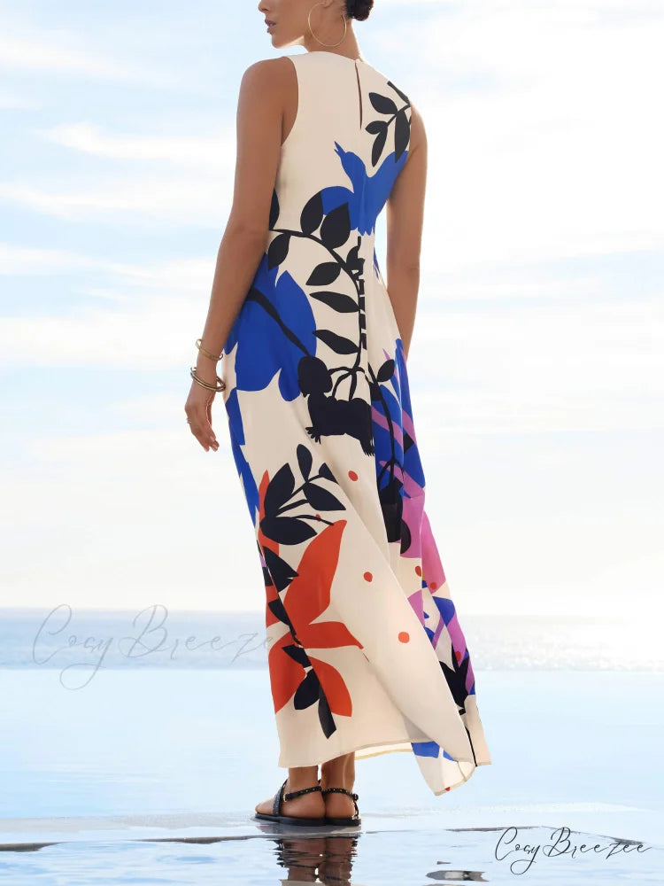 Satin Art Floral Charming Print Maxi Dress