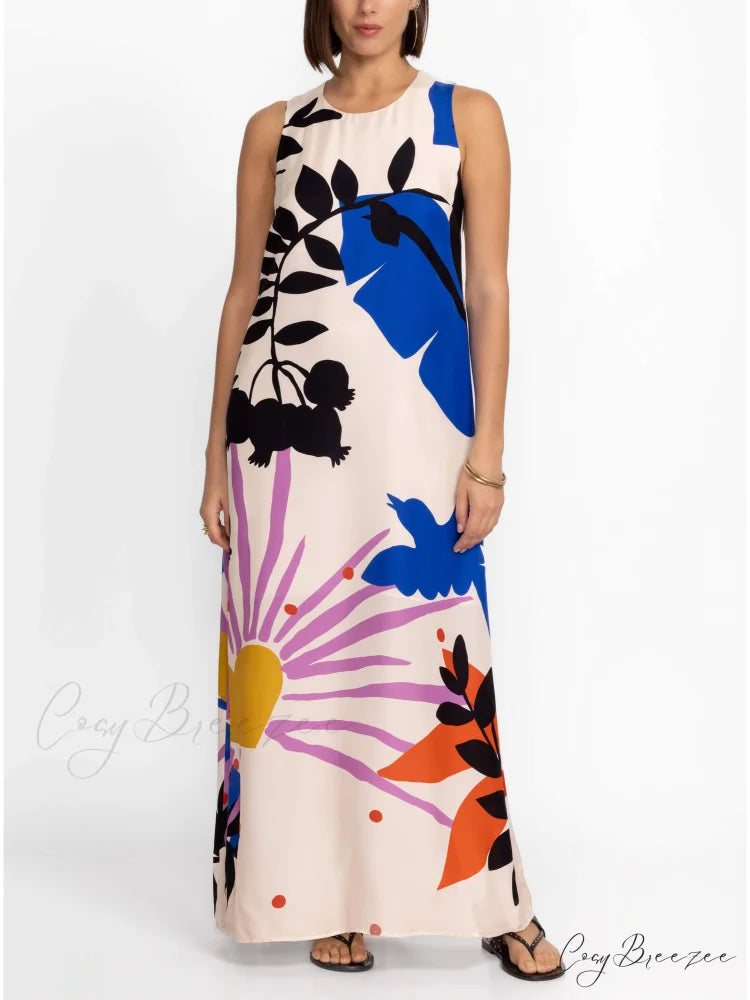 Satin Art Floral Charming Print Maxi Dress