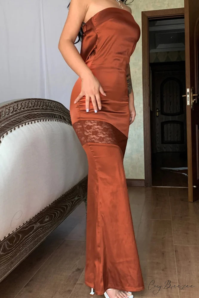 Satin Backless Lace Patchwork Strapless Dress Brown / S