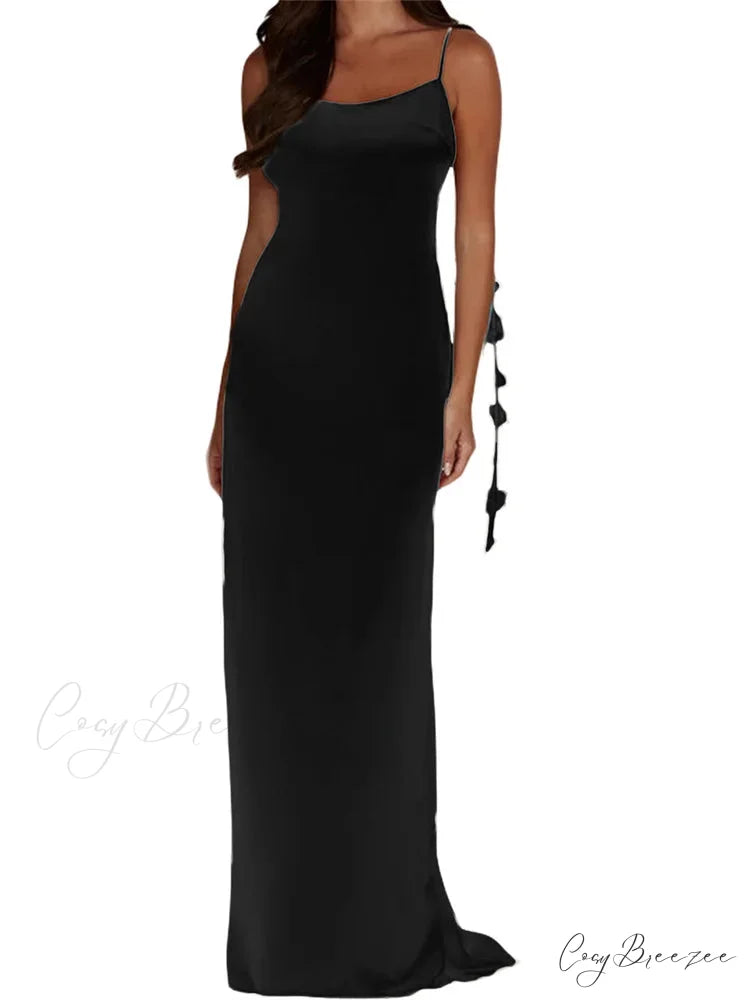 Satin Backless Spaghetti Strap for Women Sexy Backless 3D Flower Tassels Party Cocktail Y2K Vestidos
