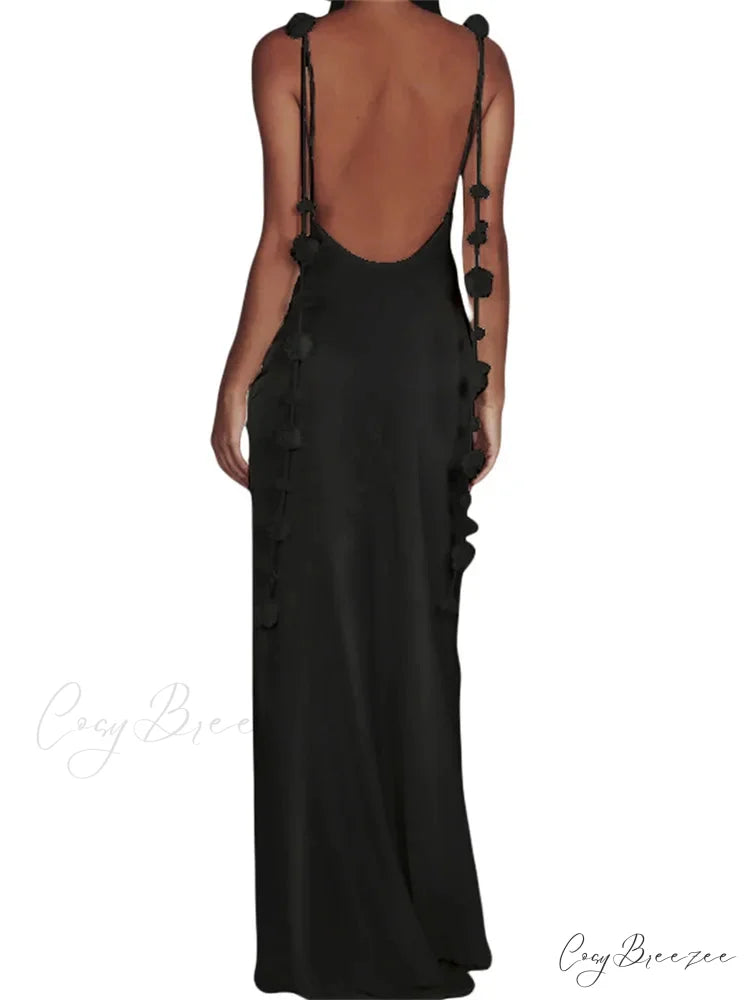 Satin Backless Spaghetti Strap for Women Sexy Backless 3D Flower Tassels Party Cocktail Y2K Vestidos