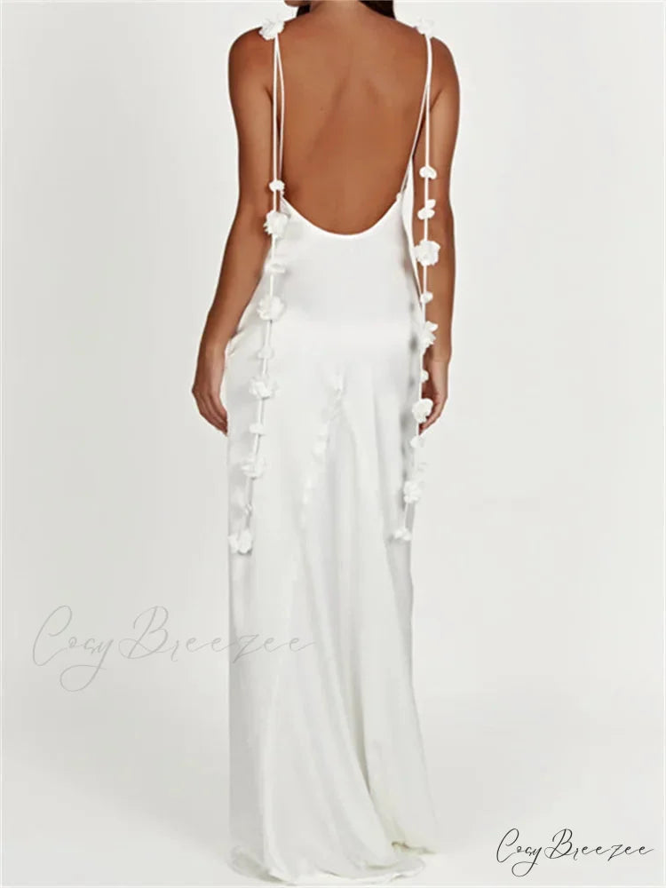 Satin Backless Spaghetti Strap for Women Sexy Backless 3D Flower Tassels Party Cocktail Y2K Vestidos WHITE / S