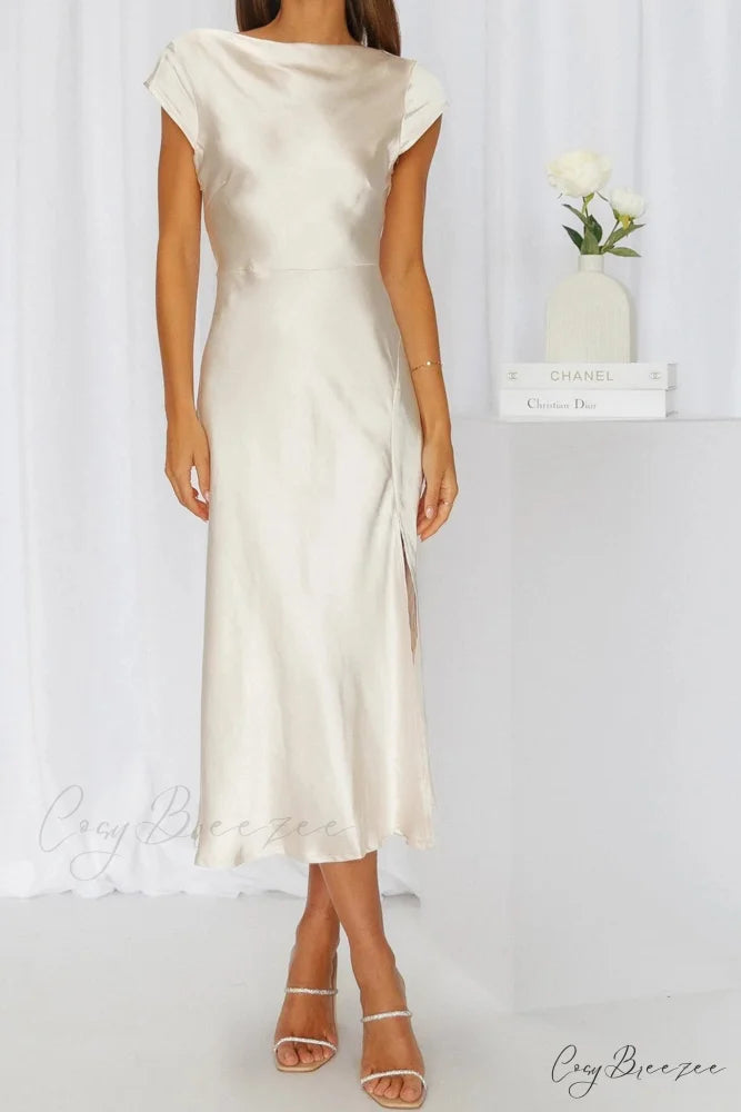 Satin Cowl Neck Dress with Twisted-back Slit Champagne / M