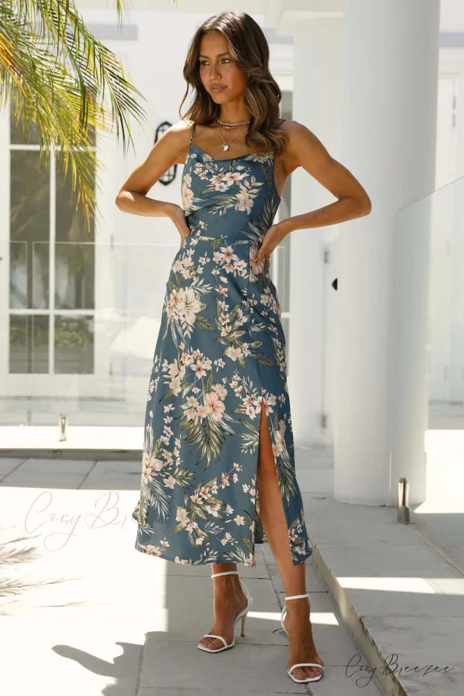 Satin Floral Print Cowl Neck Cami Dress with Slit Green / XL