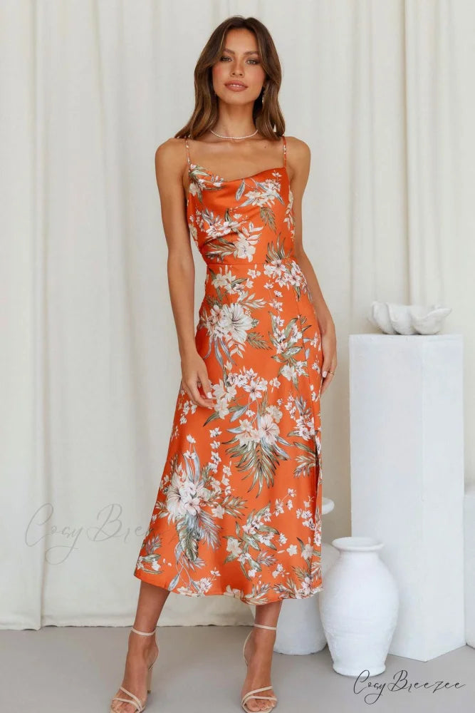 Satin Floral Print Cowl Neck Cami Dress with Slit Orange / M
