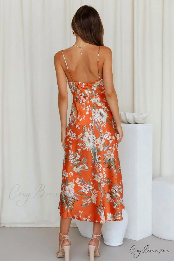 Satin Floral Print Cowl Neck Cami Dress with Slit Orange / XL