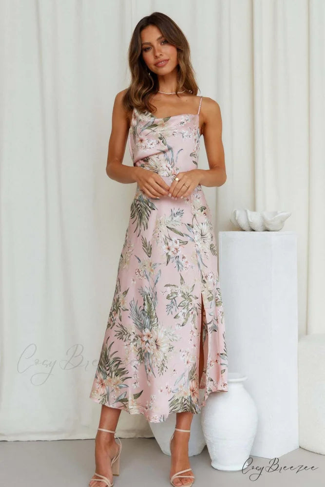 Satin Floral Print Cowl Neck Cami Dress with Slit Pink / L