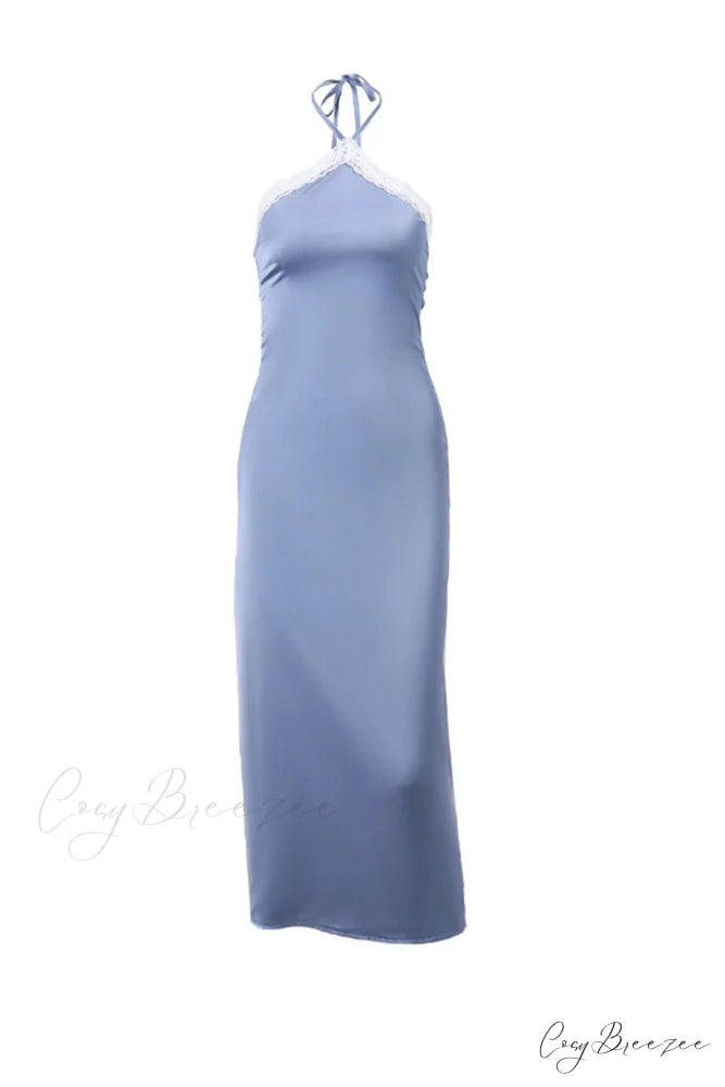 Satin Halter Lace Patchwork Dress
