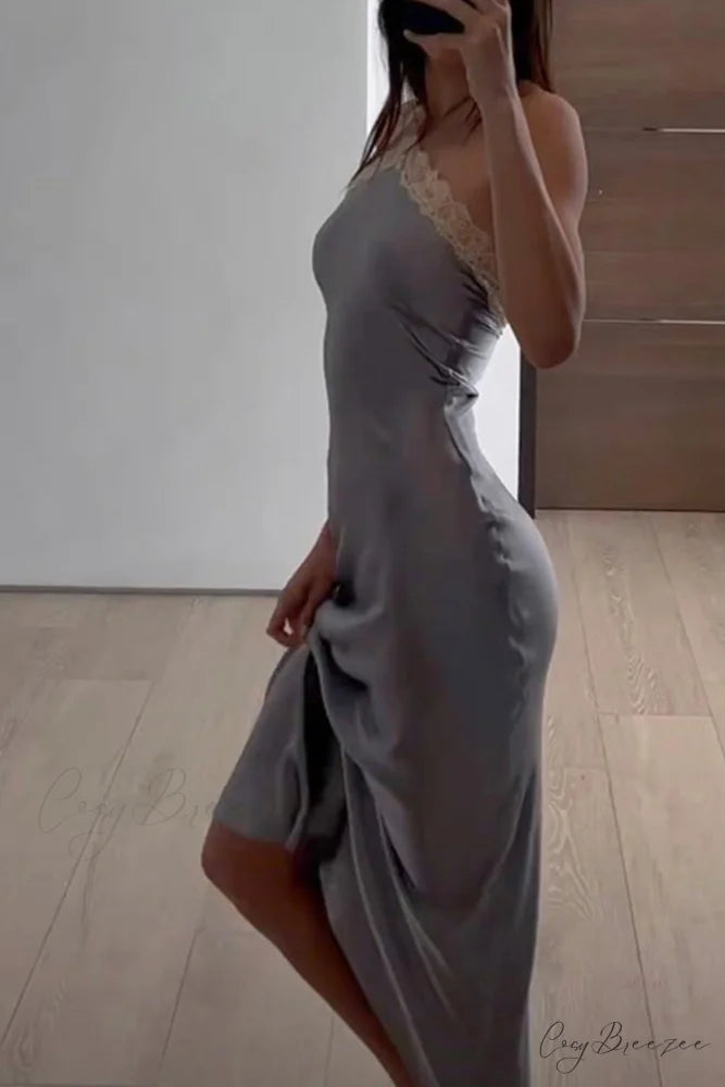 Satin Halter Lace Patchwork Dress