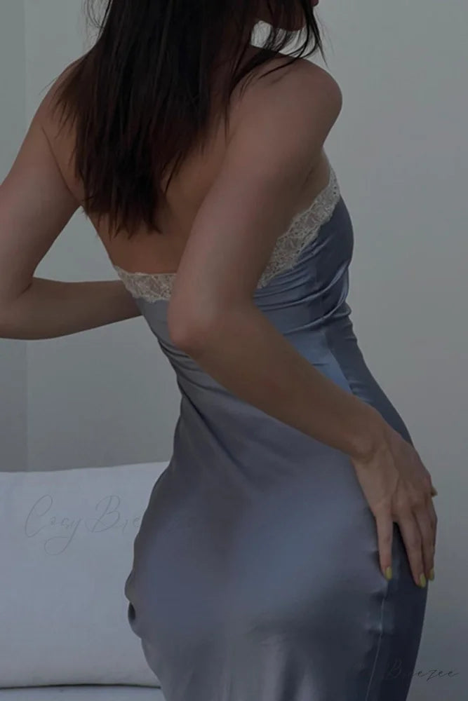 Satin Halter Lace Patchwork Dress Blue / M