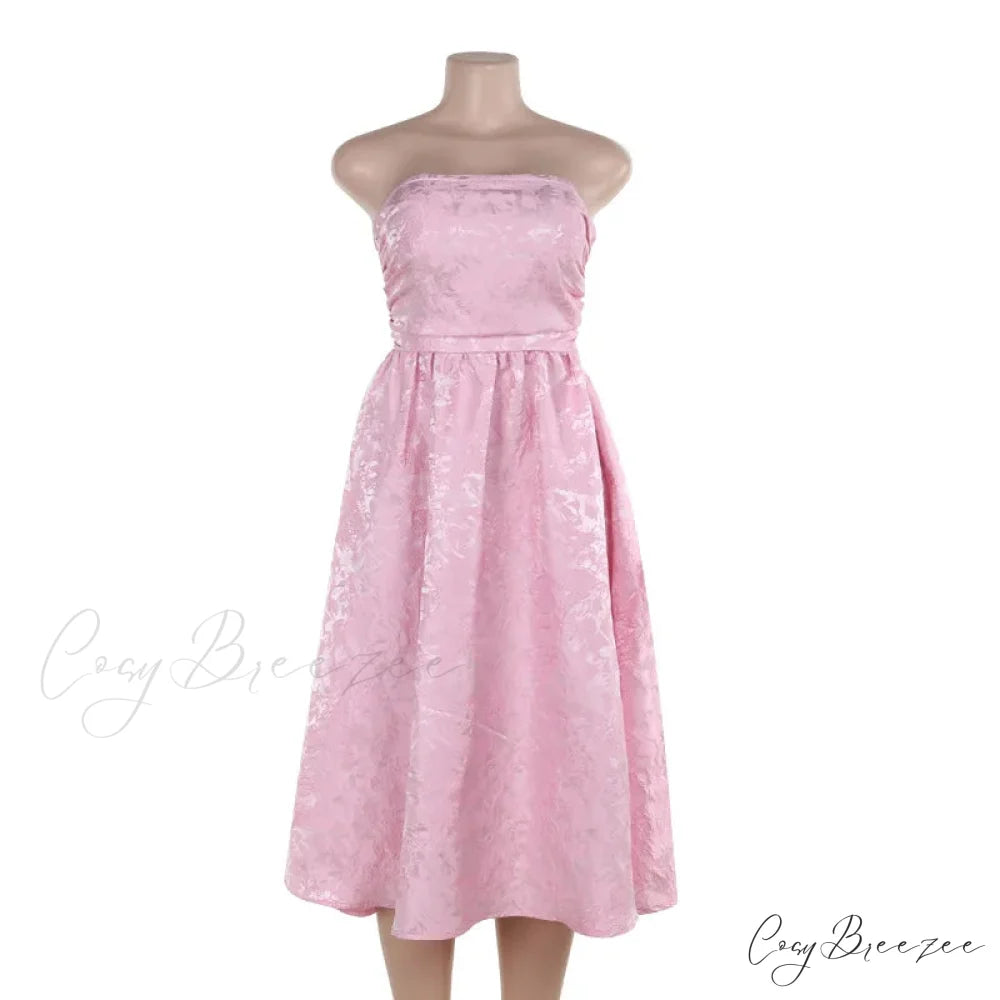 Satin Jacquard Printed Charming Tube Flare Midi Dress