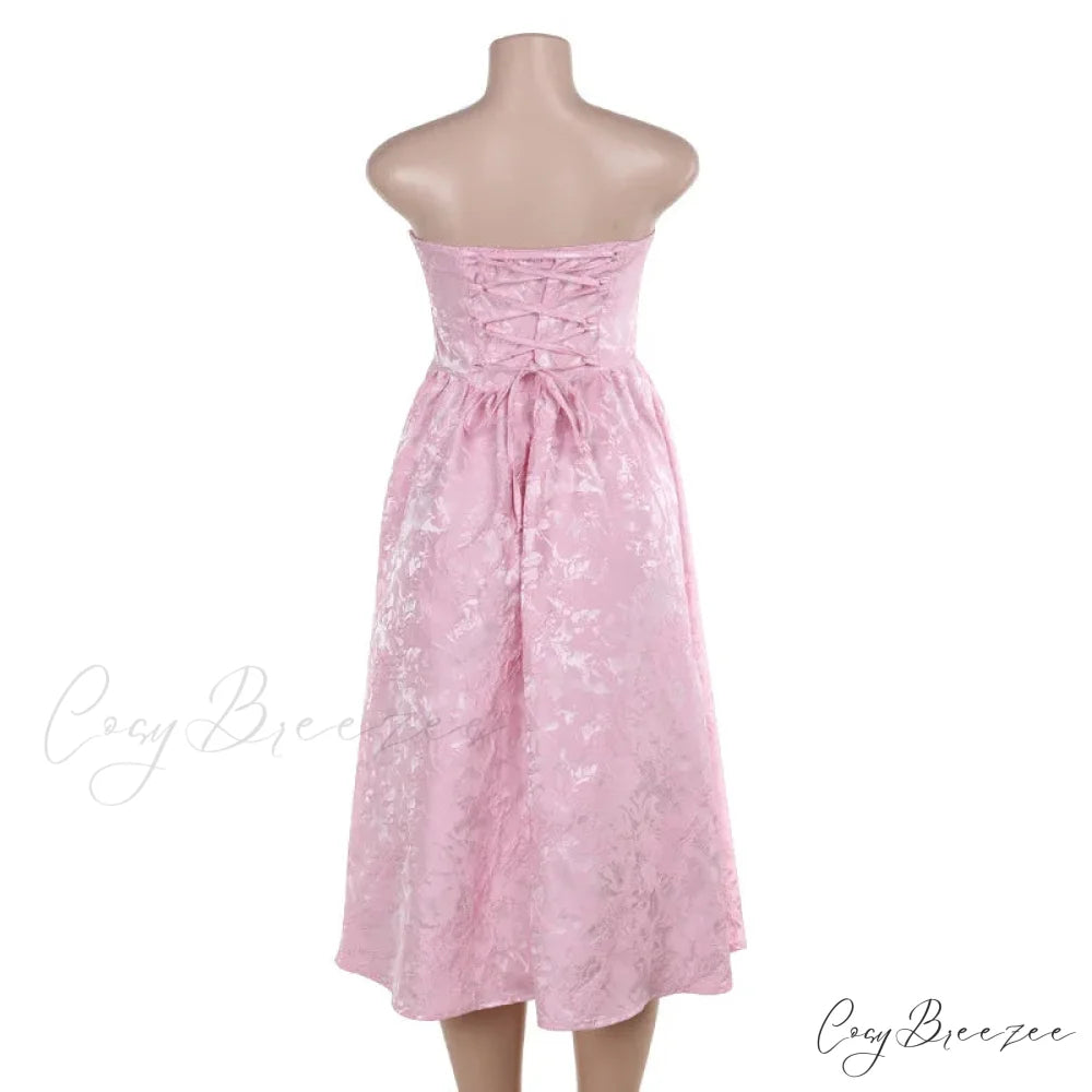 Satin Jacquard Printed Charming Tube Flare Midi Dress