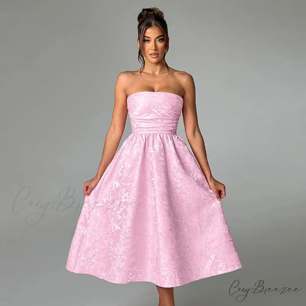 Satin Jacquard Printed Charming Tube Flare Midi Dress