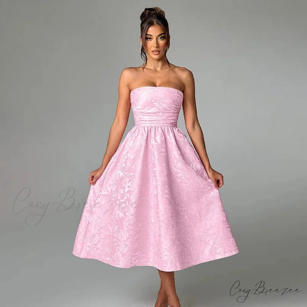 Satin Jacquard Printed Charming Tube Flare Midi Dress