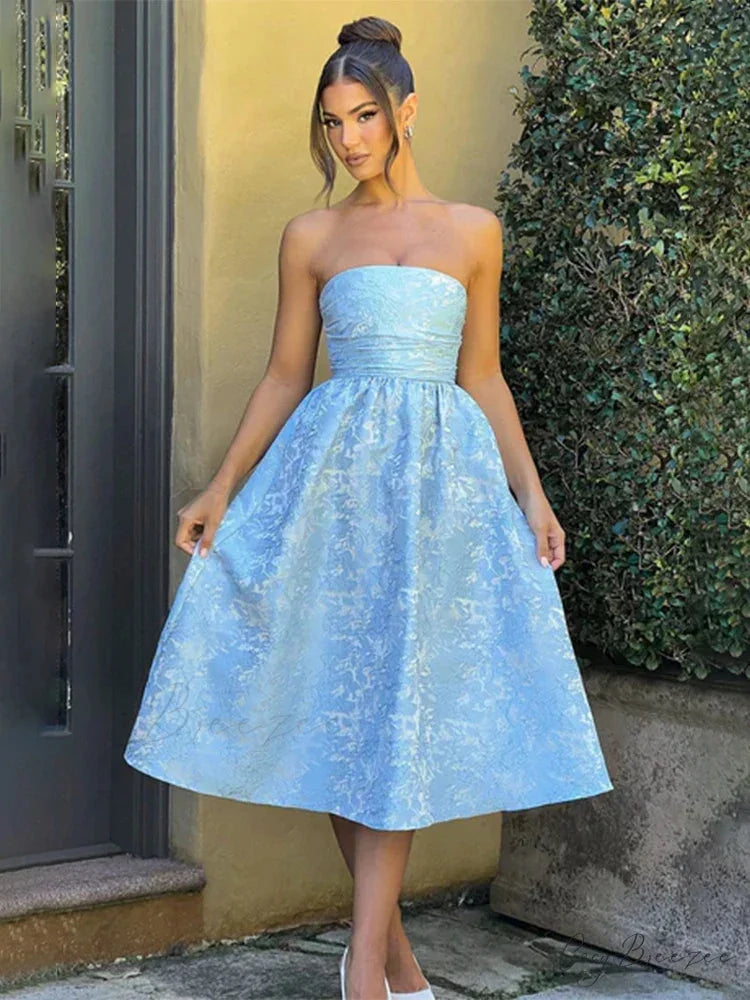 Satin Jacquard Printed Charming Tube Flare Midi Dress S / Blue