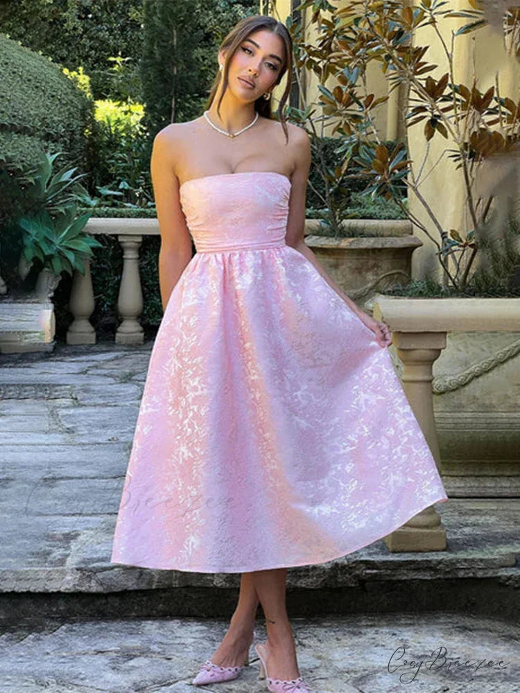 Satin Jacquard Printed Charming Tube Flare Midi Dress S / Pink