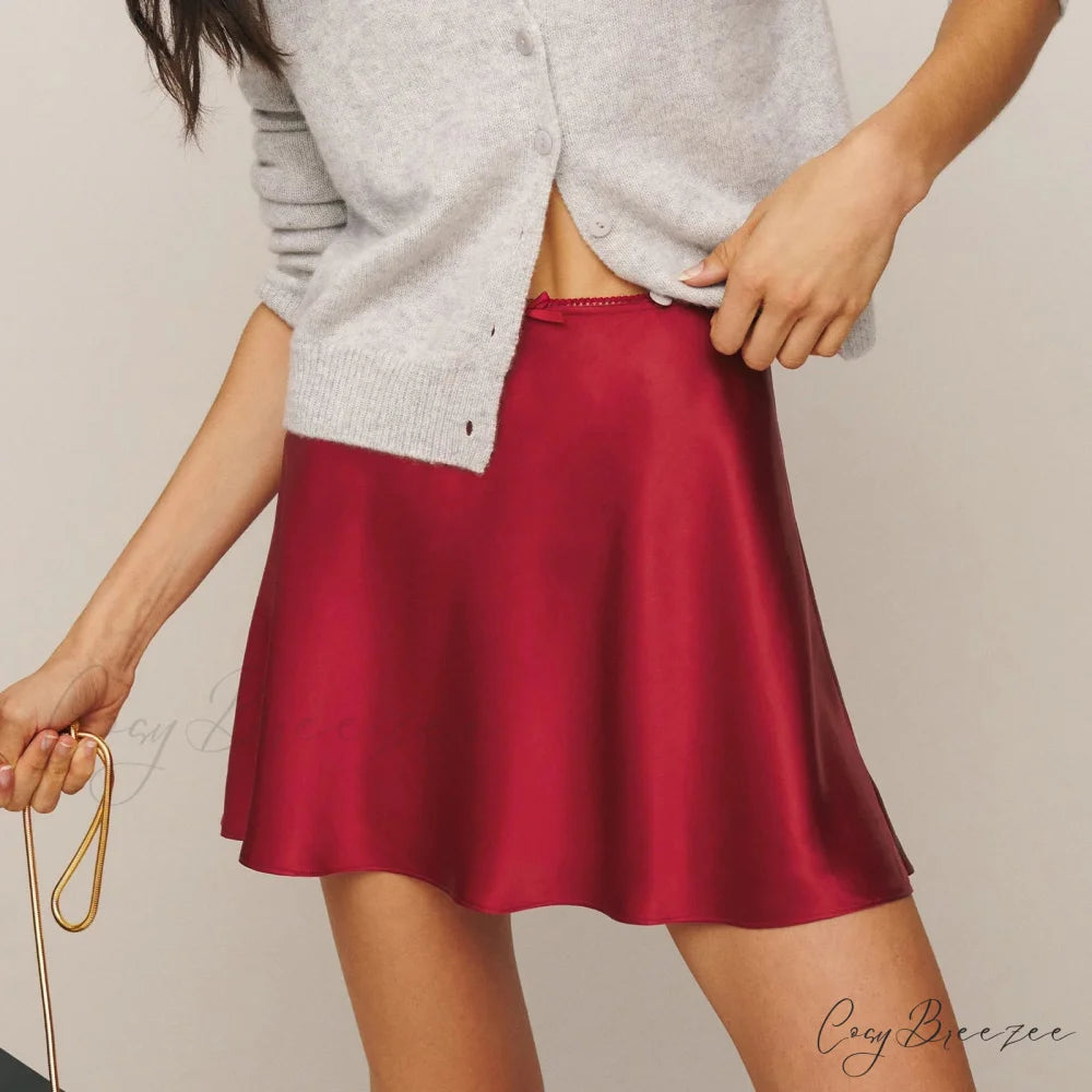 Satin Lace Bow Flared Skirt Claret / S skirts-250223