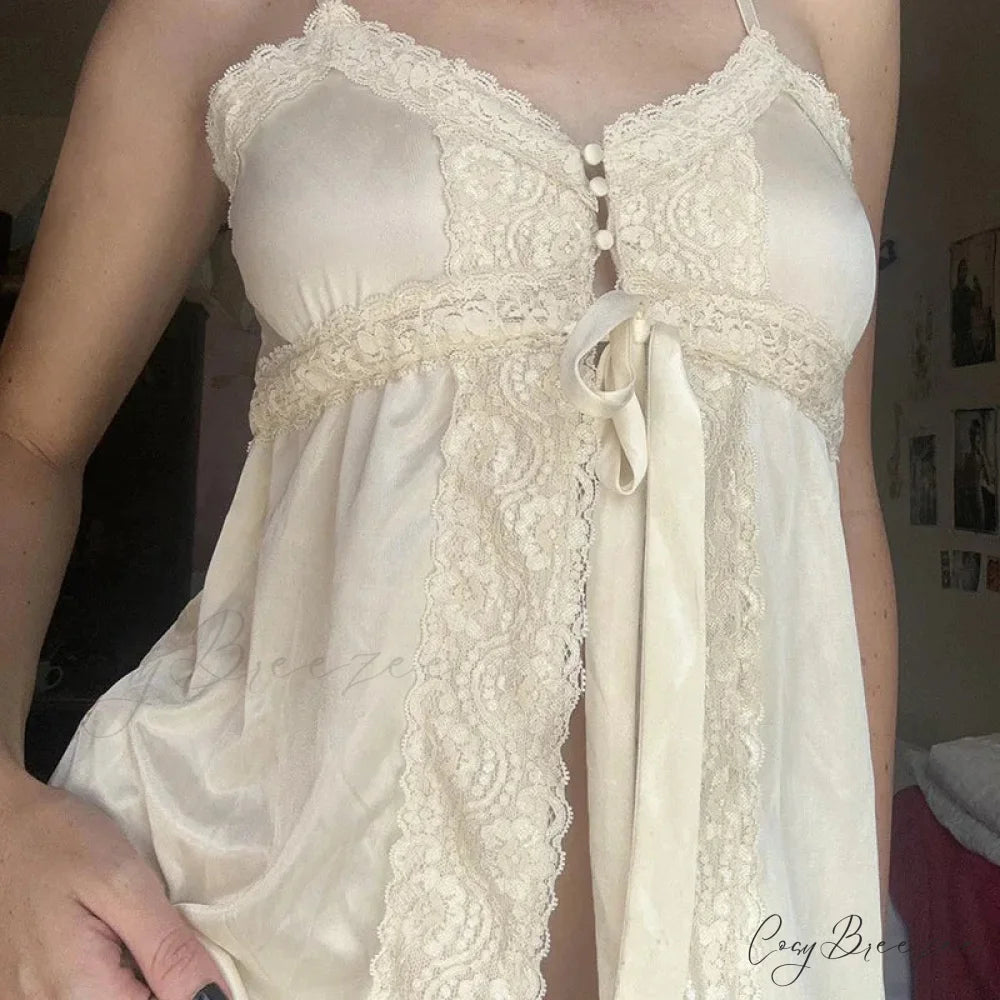 Satin Lace Patchwork Fairycore Front Tie-Up Button Coquette Sleeveless Crop Top croptop-250126