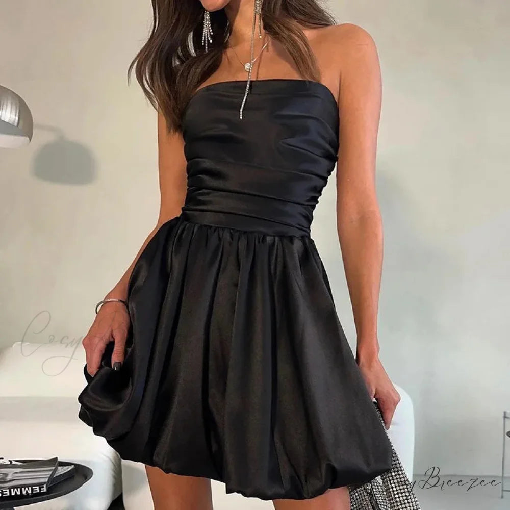 Satin Puff Ruched Charming Tube Mini Dress