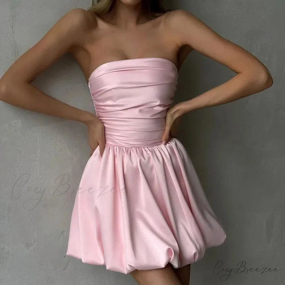 Satin Puff Ruched Charming Tube Mini Dress