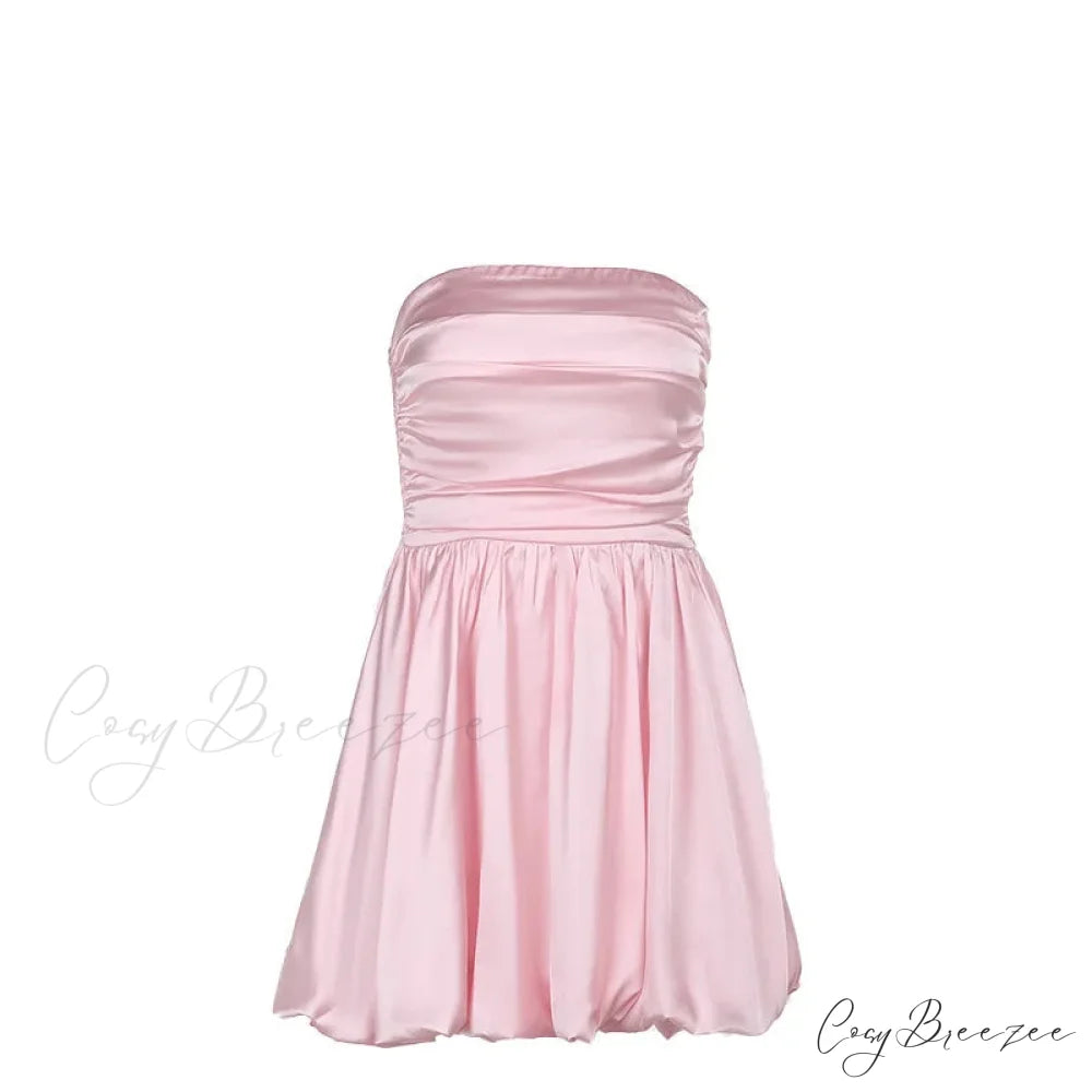 Satin Puff Ruched Charming Tube Mini Dress Pink / L