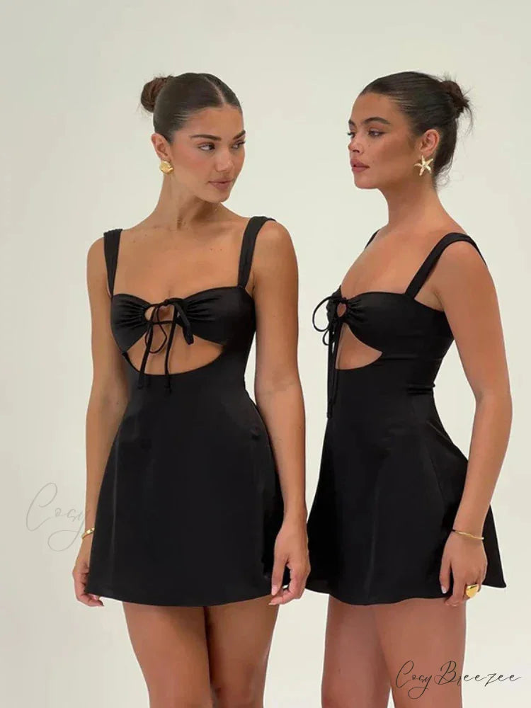 Satin Ruched Tie Charming Up Strap Mini Dress black / S