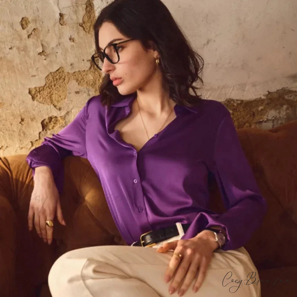 Satin Solid Long Sleeve Polo Neck Blouse PURPLE / S blouse-250223