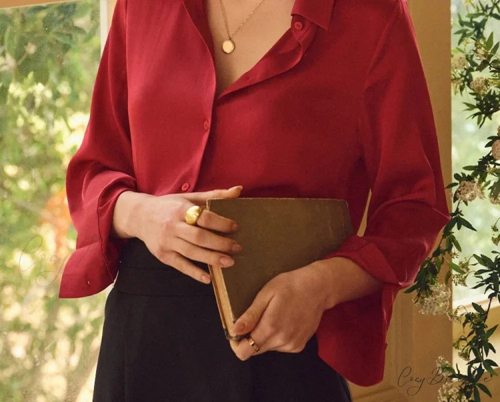 Satin Solid Long Sleeve Polo Neck Blouse Red / S blouse-250223