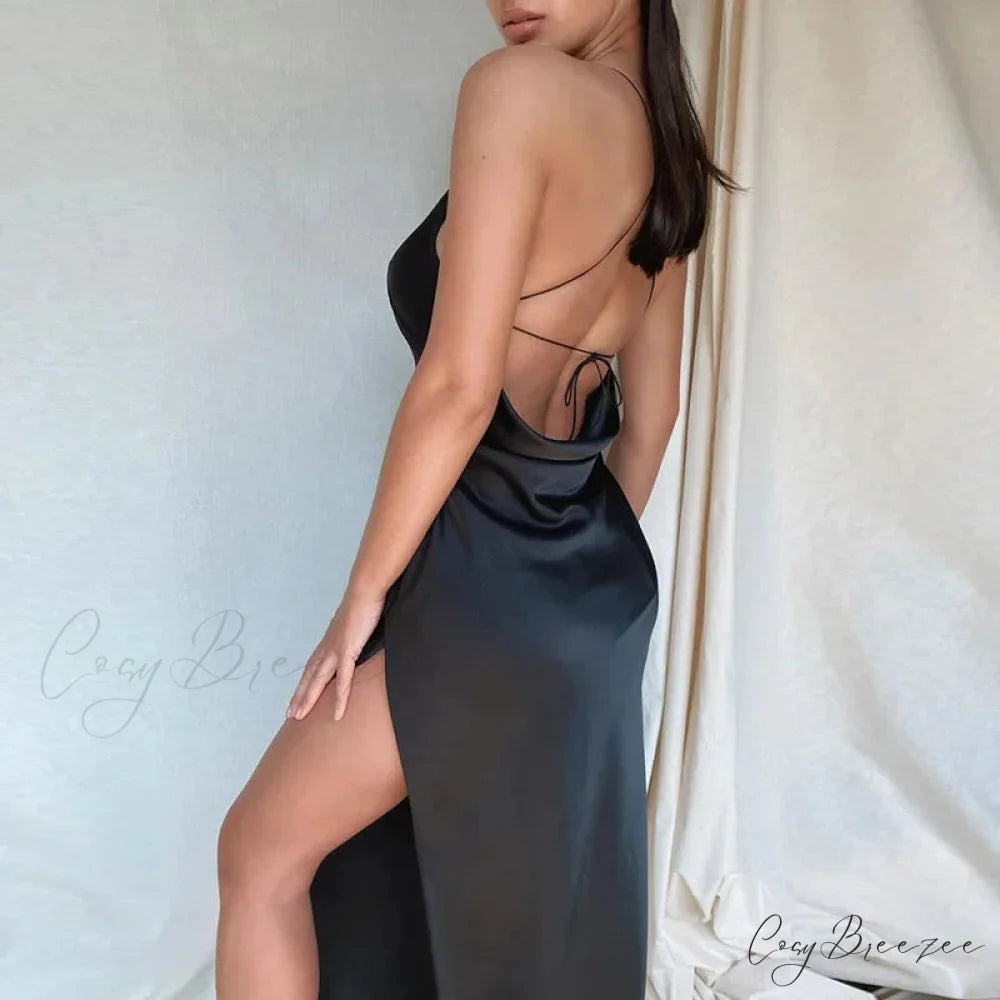 Satin Spaghetti Strap Summer Split V-neck Elegant Sleeveless Backless Club Party Outfits Sexy BLACK / S
