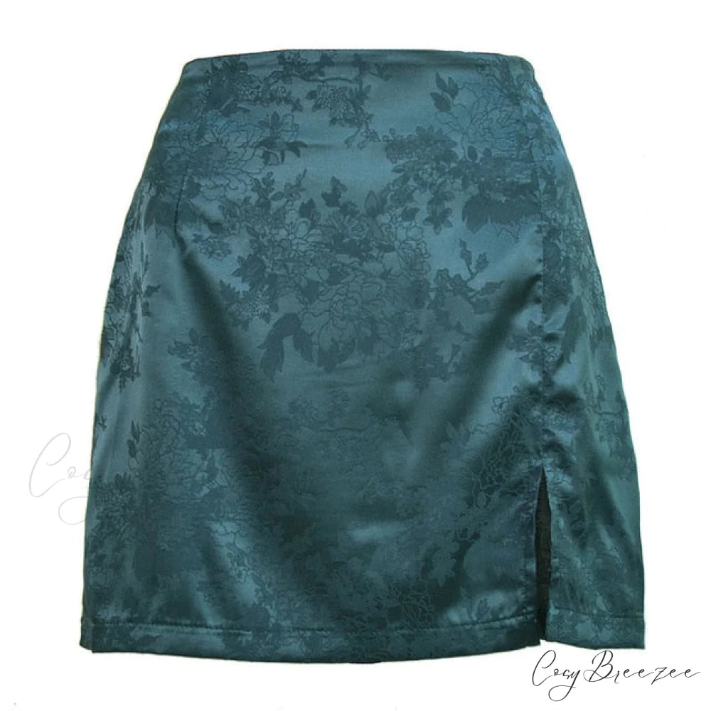 Satin Split Stylish Mini Skirt Green / M