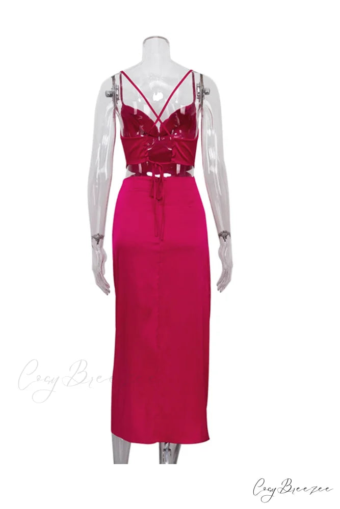 Satin Tie-back Criss-cross Cami Dress with Rose Pattern