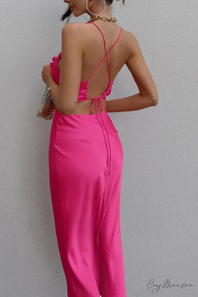 Satin Tie-back Criss-cross Cami Dress with Rose Pattern Rose / L