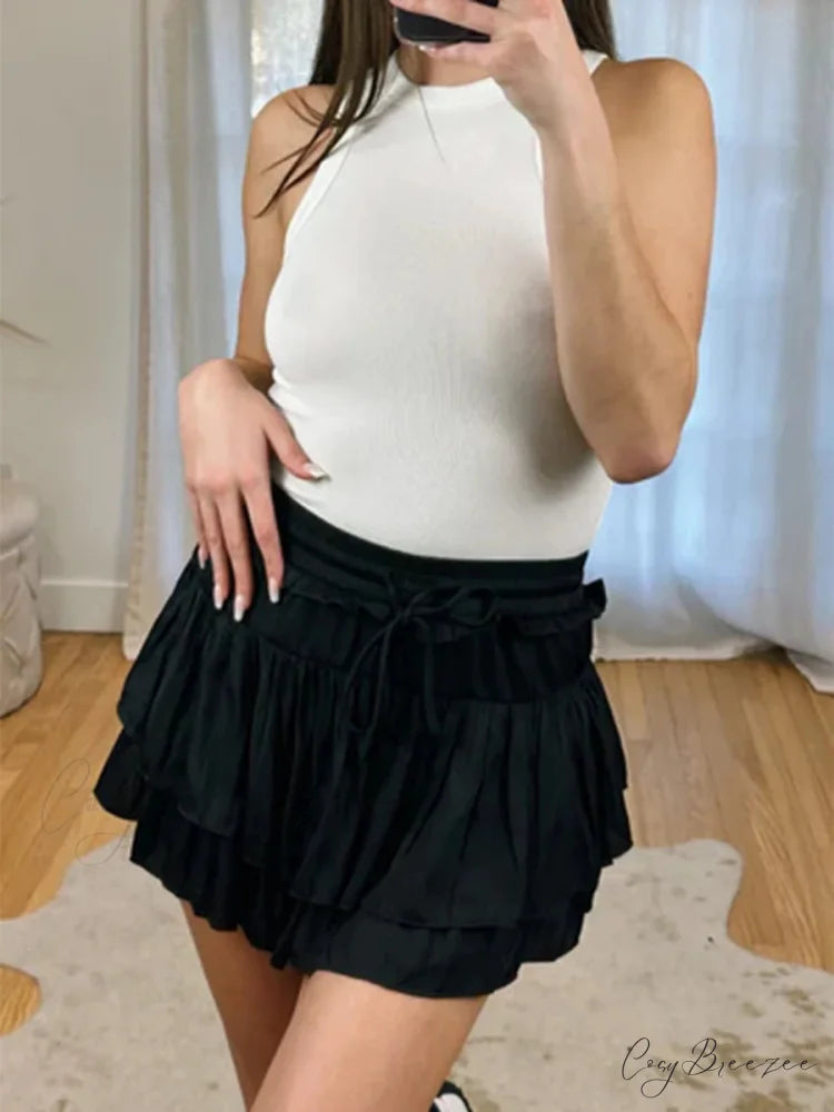 Satin Tiered Widened Pleated Skirt Black / S skirts-250223