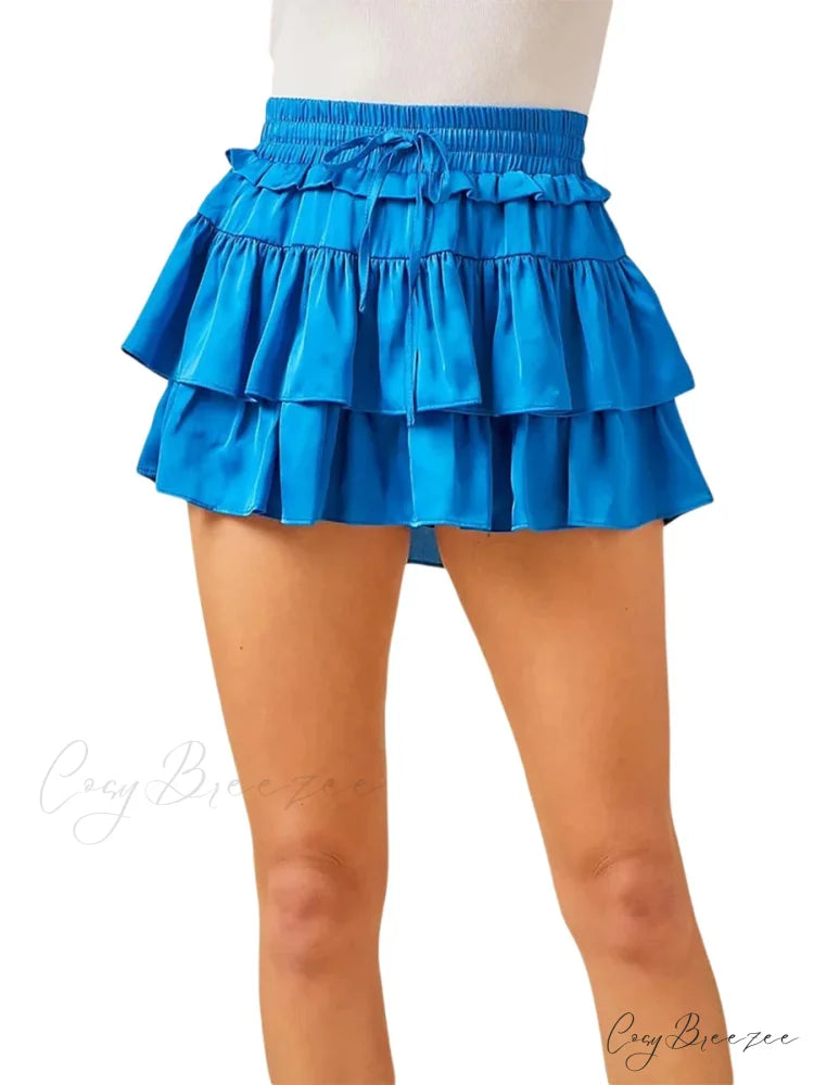 Satin Tiered Widened Pleated Skirt Blue / S skirts-250223