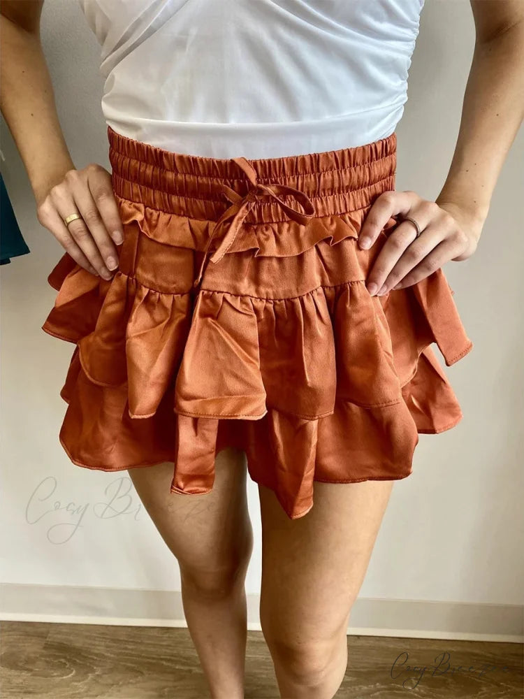 Satin Tiered Widened Pleated Skirt Dark Brown / S skirts-250223