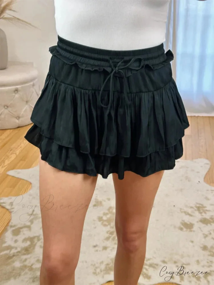 Satin Tiered Widened Pleated Skirt skirts-250223