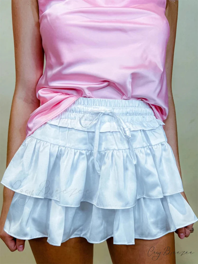 Satin Tiered Widened Pleated Skirt WHITE / S skirts-250223