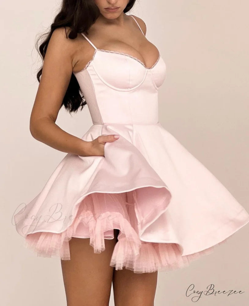 Satin Tulle Frill Charming Strap Mini Dress