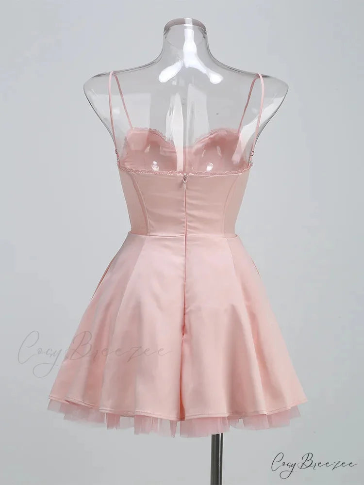 Satin Tulle Frill Charming Strap Mini Dress