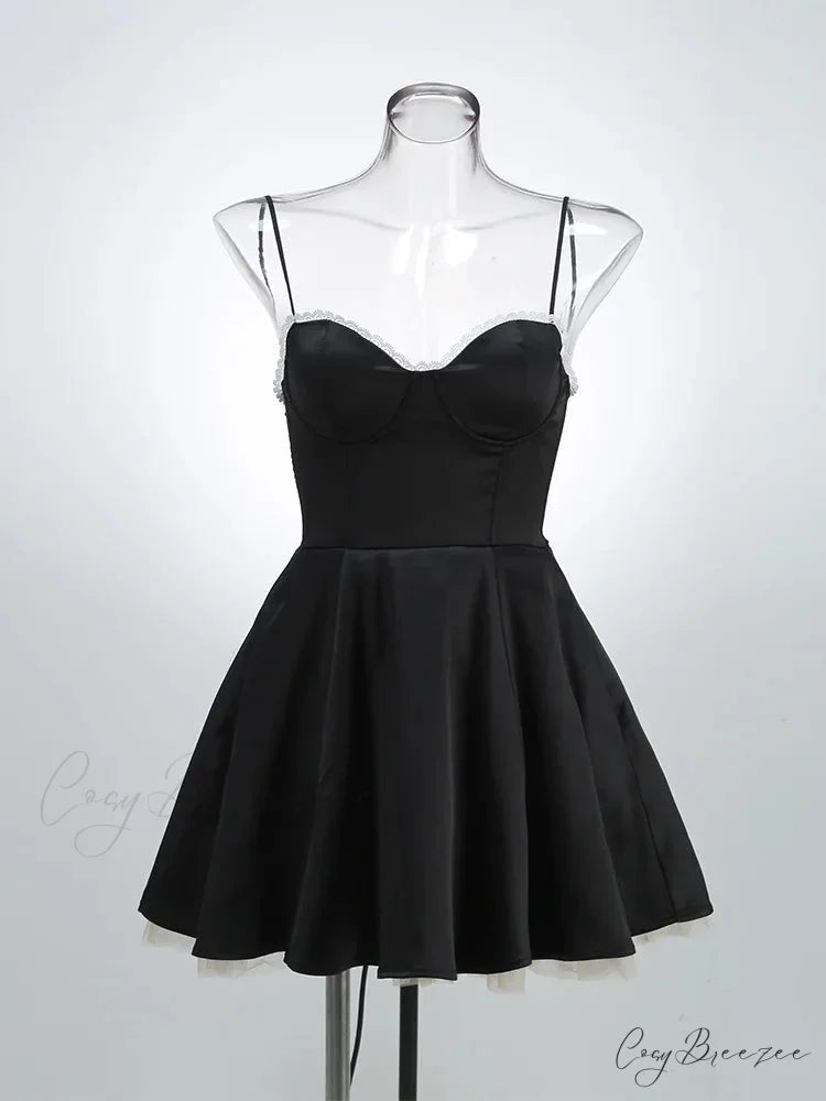 Satin Tulle Frill Charming Strap Mini Dress short black / XS