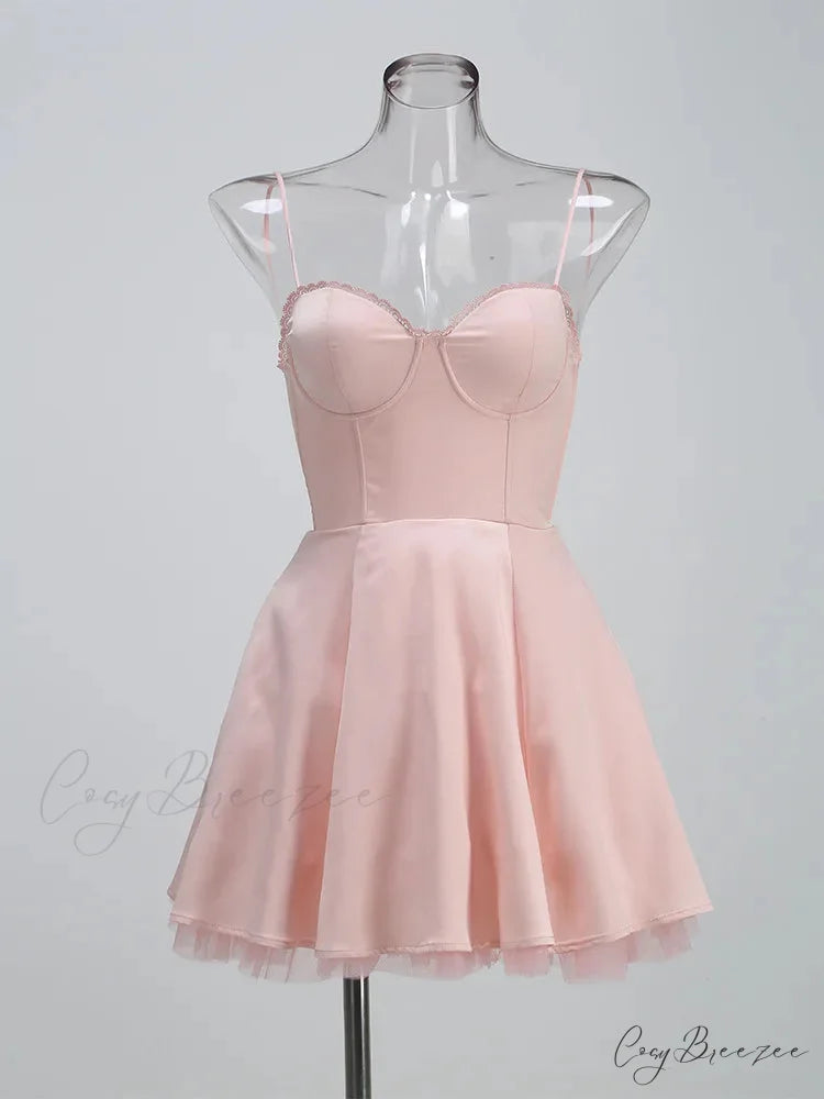 Satin Tulle Frill Charming Strap Mini Dress short pink / XS