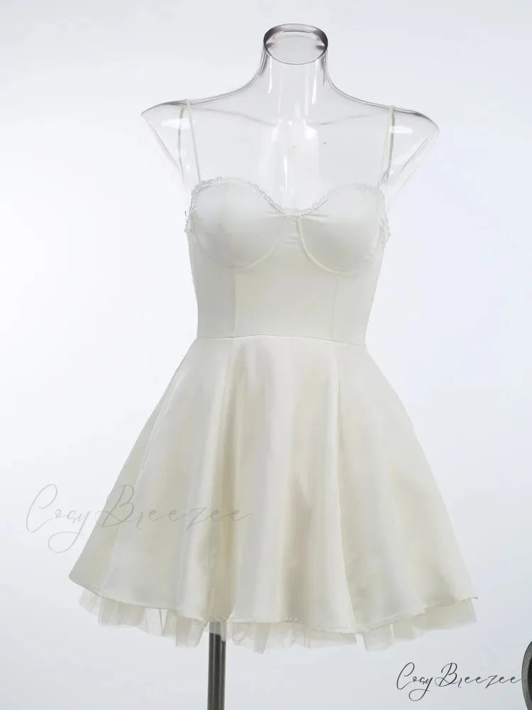 Satin Tulle Frill Charming Strap Mini Dress short white / XS