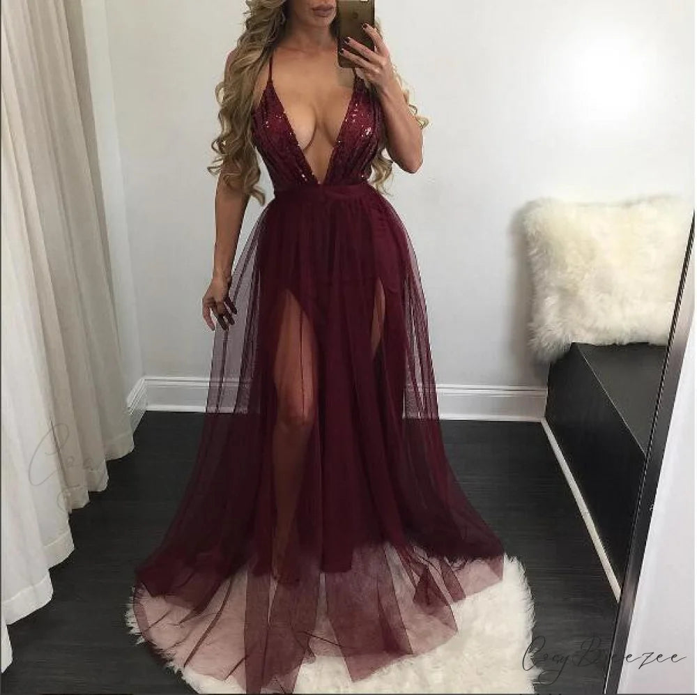 Saylor Formal Double Charming Slit Tulle Dress Claret / S